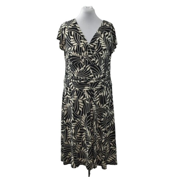 London Times Dress Womans 16W Ruched Waist Wrap V Neck Palm Fronds Brown Ivory - Picture 1 of 6